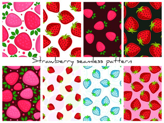 Set of vector strawberry patterns; berry backgrounds for wrapping paper, fabric, packaging, textile.
