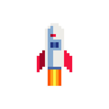 Rocket. Pixel art icon. Astronautics symbol. Space exploration. Isolated vector illustration. 