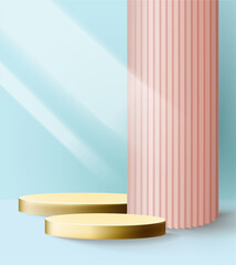 two gold podiums on a paper background, with Wellpappe, mockup template for product advertising. imitation of trend photography.