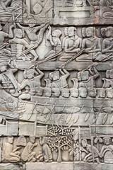 Bas-relief on wall of Prasat Bayon temple, Angkor Wat, Siem reap, Cambodia