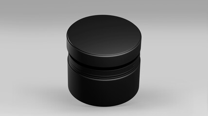 Black Plastic Cosmetic Jar Mockup, Dark beauty make-up Container 3D Rendering isolated on light background