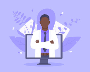 Online doctor medical service concept with doctor in the monitor screen vector illustration. Telemedicine web consultation for patients health care check ups and taking medicine prescription pills.