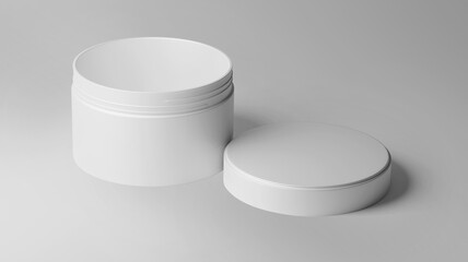 White Plastic Cosmetic Jar Mockup, Blank beauty make-up Container 3D Rendering isolated on light background
