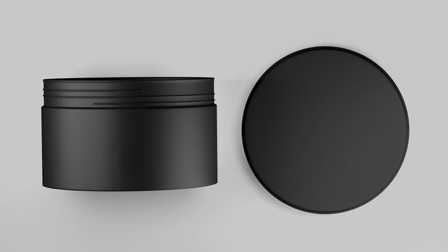 Black Plastic Cosmetic Jar Mockup, Dark beauty make-up Container 3D Rendering isolated on light background