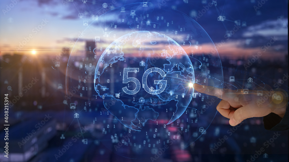 Aufkleber Hands Touch 5g High Speed Connection of Internet of things IOT, Futuristic Global and Social Network Connection, Technology Network Digital Data Connection Background Concept, 3d Rendering