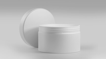 White Plastic Cosmetic Jar Mockup, Blank beauty make-up Container 3D Rendering isolated on light background