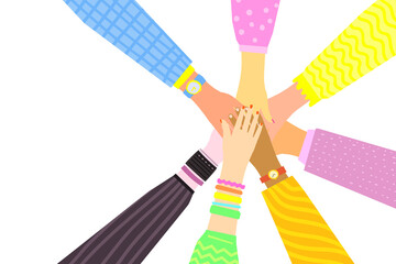 Concept of team work. Friends with stack of hands showing unity and teamwork