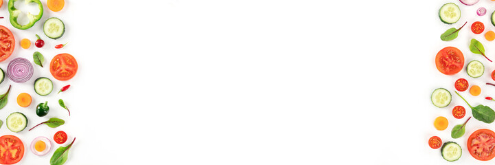 Fresh vegetables panorama, top shot, a flat lay on a white background with copy space