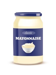 Mayonnaise sauce bottle with cap. Closed jar with mayo vector illustration. Can with blue packaging isolated on white background. Tasty creamy dressing for food product design