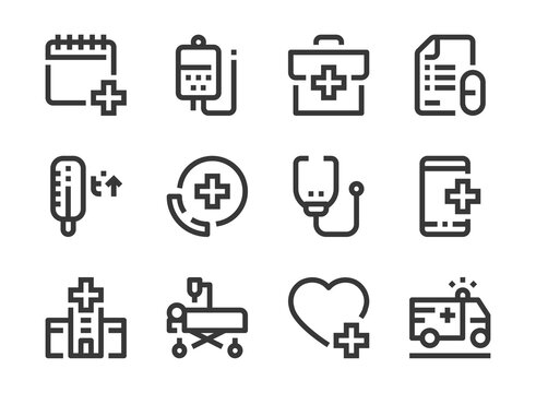 Hospital, Healthcare and Madical service vector line icons.