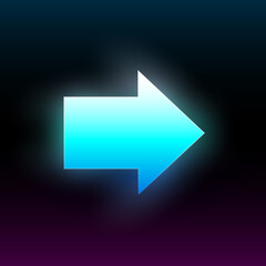 Blue glowing right arrow. Modern glowing direction pointer with vibrant gradient. Design element for poster, banner, flyer, card, etc. Dark background. Vector illustration.