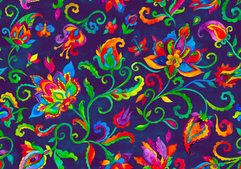 Paisley watercolor floral pattern tile: flowers, flores, tulips, leaves. Oriental indian traditional hand painted water color whimsical seamless print, ceramic design. Abstract india batik background