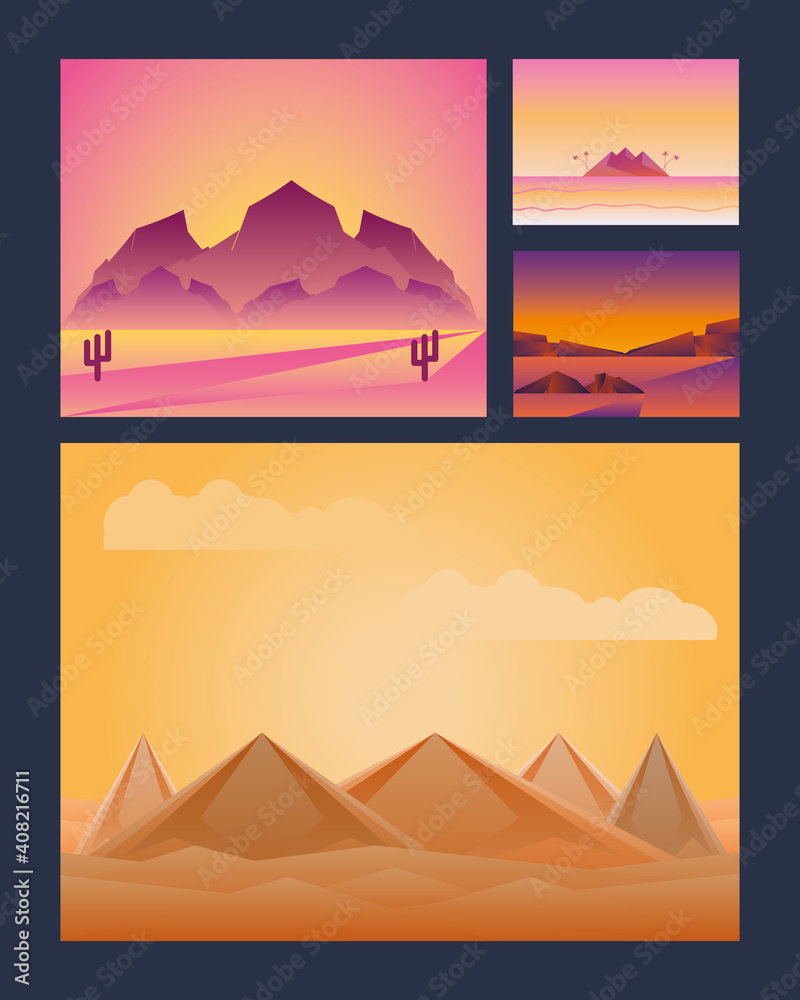 Sticker polygonal landscapes symbol set vector design