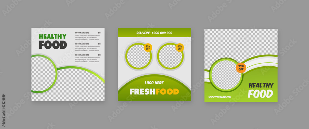 Wall mural set of healthy food social media post, restaurant social media post, food delivery poster vector tem