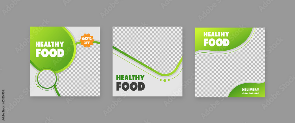 Wall mural set of healthy food social media post, restaurant social media post, food delivery poster vector tem