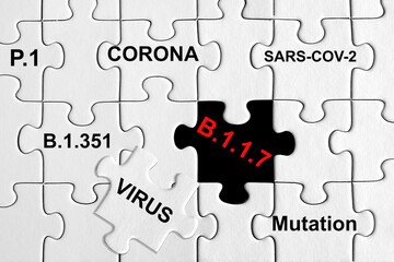 Puzzle with different Corona Virus Variants. Sars-cov-2, P.1, B.1.1.7, B.1.351