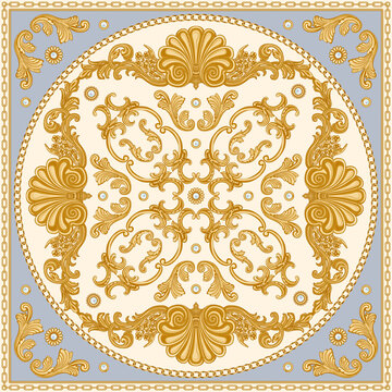 Bandana print on a beige and blue background, Gold chains and cables, Greek beads frieze, Baroque scrolls and pearl oyster shell. Scarf, neckerchief, kerchief, carpet, rug, mat