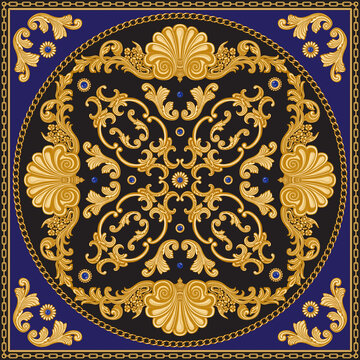 Bandana print on black and blue background, Gold chains and cables, Greek beads frieze, Baroque scrolls and sapphire jewelry cabochon gem stones. Scarf, neckerchief, kerchief, carpet, rug, mat
