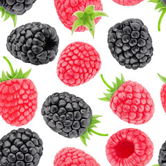 Multicolored endless pattern made with raspberry and blackberry isolated on white background.