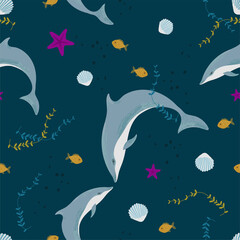 Seamless vector pattern with pretty dolphins. Hand drawn dolphins, starfish, shells and tiny golden fish - can be used for textile, fabric designs, wrapping paper and packaging, etc.