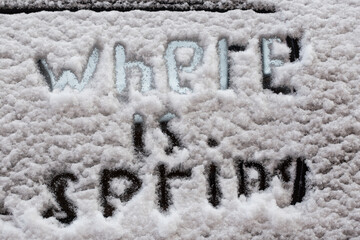 The inscription "Spring" on the snow surface.
