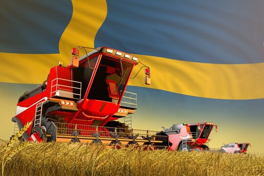 agricultural combine harvester working on rye field with Sweden flag background, food production concept - industrial 3D illustration