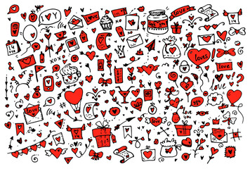 Doodle for Valentine's Day hand drawn .a large set of cute hand-drawn elements about Love. Design elements in the style of doodle black outline with bright red splashes of color are isolated on a whit