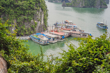 Fototapeta na wymiar Aerial view panorama of floating fishing village and rock island, Halong Bay, Vietnam, Southeast Asia. UNESCO World Heritage Site. Junk boat cruise to Ha Long Bay. Popular landmark of Vietnam