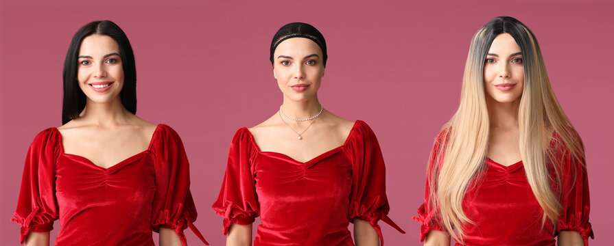 Portrait of young woman with and without wig on color background