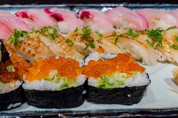 Close up shot of delicious salmon roe sushi