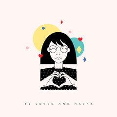 Love card print with girl and hand heart shape