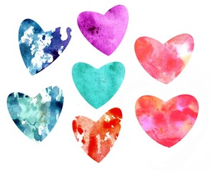 Delicate watercolor hearts of different sizes in red, pink, blue and emerald colors.  For cards or invitations to a wedding or valentine's day