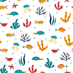 Underwater world. Seamless pattern with fishes and seaweed. Cartoon flat vector illustration for surface design