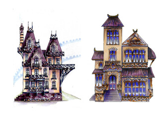 Steampunk architecture. Steampunk house with mechanical elements, and gears. Collection Fantastic Victorian house. Hand drawn watercolor sketch  Isolated of  white background