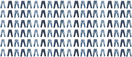 Multitude of dark blue and light blue jeans isolated on white background. Faded white spots on the waist and legs areas. Banner size. Seamless pattern. Clothing, online store concept