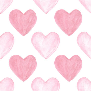 Watercolor hearts seamless pattern. Hand drawn painted texture. Valentines wallpaper background.