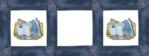 Dollar and euro bills mixed up in shopping baskets enclosed within square sections made of jeans on white background. Isolated. Copy space. Banner size. Shopping, trade, store concepts