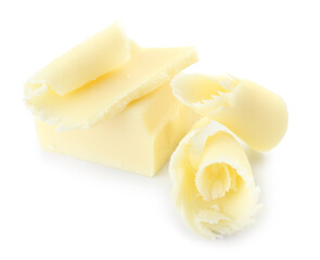 Chocolate curls and piece on white background