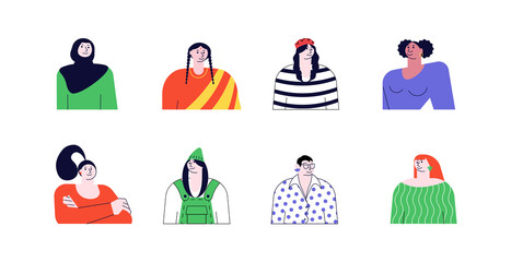 Set of Happy old and young women avatars. Portraits of Diverse multiracial and multicultural characters are smiling isolated on a white background. Contemporary Flat Vector Illustration