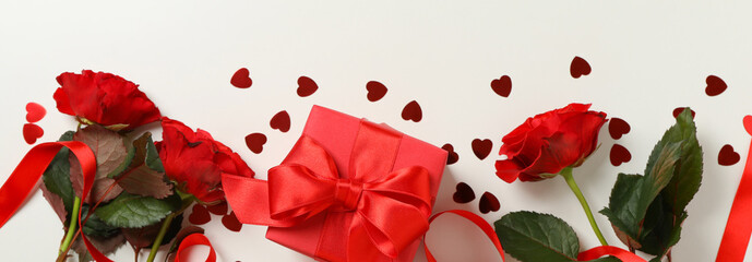 Concept of Valentine's day with different accessories on white background