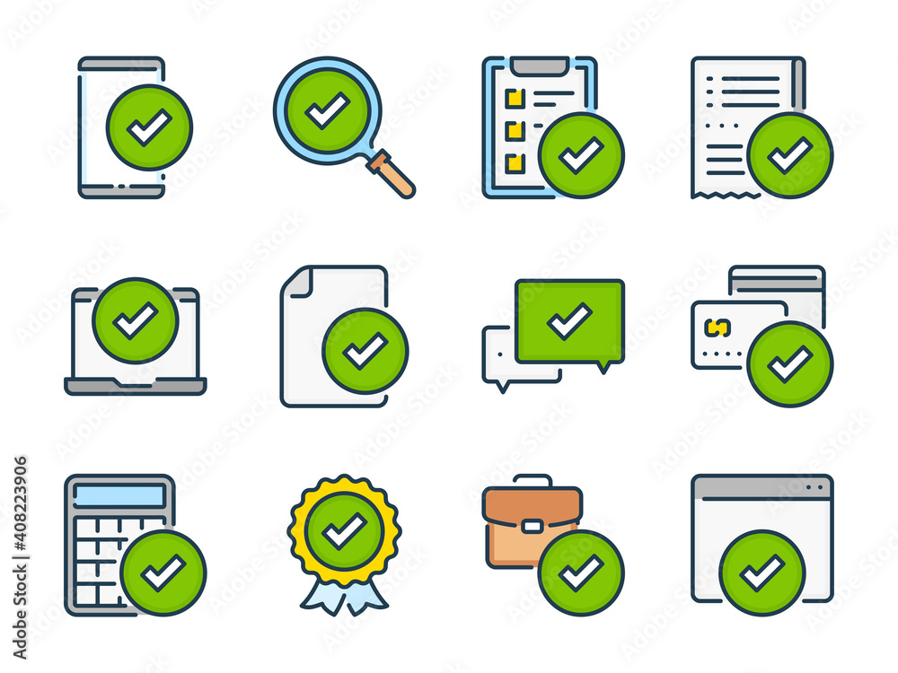 Poster check mark and tick related vector line color icons. quality and approve outline colorful icon set.