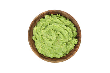 Bowl of guacamole isolated on white background
