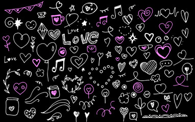 Naklejka premium A set of hand-drawn doodles of vector isolated love elements for wedding, Valentine's Day greeting cards, stickers, stamp design. Vector illustration with heart, love, speech bubble, arrow, text capti
