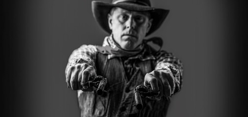 Man wearing cowboy hat, gun. West, guns. Portrait of a cowboy. Cowboy with weapon on background. Black and white