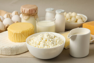 Different fresh dairy products on gray background