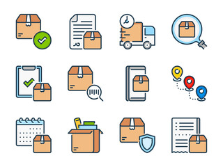 Delivery and Shipping service related vector line color icons. Package and Logistics outline colorful icon set.