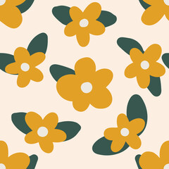 Seamless repeat pattern with abstract flowers and leaves in yellow and green. Flat simple fabric, gift wrap, wall art design.