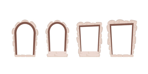 Set of stone arches on a white background. Elements for the design of games or houses. Vector.