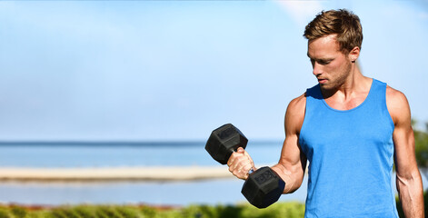 Fitness exercise fit man working out training muscles at gym doing bicep curls with free weight dumbbell banner.