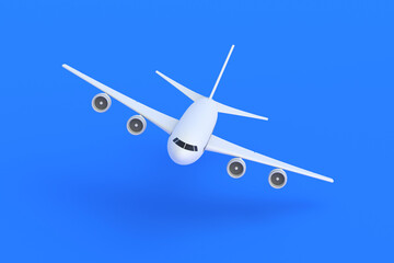 Modern passenger airplane on blue background. Charter flights. Air transportation. International airlines. Tourist travel on vacation. 3d rendering